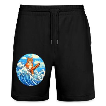 Surfing cat #cat - Stanley/Stella Trainer Unisex Organic Jogging Shorts - black - Front - Nik (191cm) & Marisol (170cm)