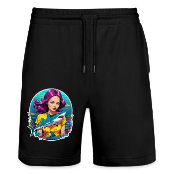 requin et femme - Short de jogging bio TRAINER Stanley/Stella unisexe - noir - Devant - Nik (191cm) & Marisol (170cm)