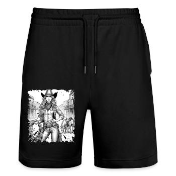 western vintage cowboy fille ouest sauvage américain - Short de jogging bio TRAINER Stanley/Stella unisexe - noir - Devant - Nik (191cm) & Marisol (170cm)