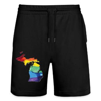 Michigan (United States) | Real Flag | LGBTQIA+ - Stanley/Stella Trainer Unisex Organic Jogging Shorts - black - Front - Nik (191cm) & Marisol (170cm)