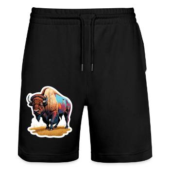 großer Bison - Stanley/Stella Unisex Bio Joggingshorts Trainer  - Schwarz - Vorne - Nik (191cm) & Marisol (170cm)