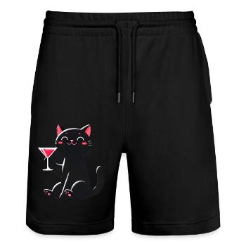 Happy Black Cat with Martini Illustration - Stanley/Stella Trainer Unisex Organic Jogging Shorts - black - Front - Nik (191cm) & Marisol (170cm)