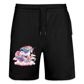 Bunter Einhorn mit Regenbogen und rosa Wolke - Stanley/Stella Unisex Bio Joggingshorts Trainer  - Schwarz - Vorne - Nik (191cm) & Marisol (170cm)