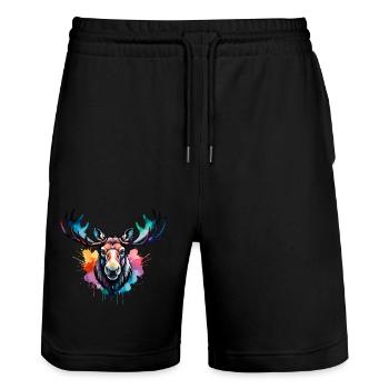 Moose Cool in the Forest, Colorful Design, Watercolor - Stanley/Stella Trainer Unisex Organic Jogging Shorts - black - Front - Nik (191cm) & Marisol (170cm)