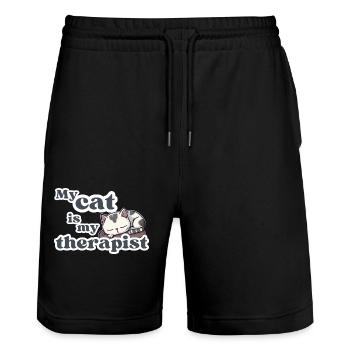 My Cat is My Therapist - Cute kitten in her sleep - Stanley/Stella Trainer Unisex Organic Jogging Shorts - black - Front - Nik (191cm) & Marisol (170cm)