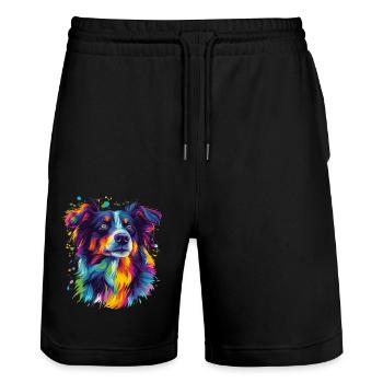 Portrait of a psychedelic Australian Shepherd - Stanley/Stella Trainer Unisex Organic Jogging Shorts - black - Front - Nik (191cm) & Marisol (170cm)