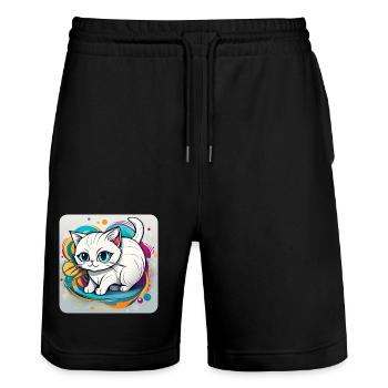 Chat blanc mignon aux yeux bleus - Short de jogging bio TRAINER Stanley/Stella unisexe - noir - Devant - Nik (191cm) & Marisol (170cm)