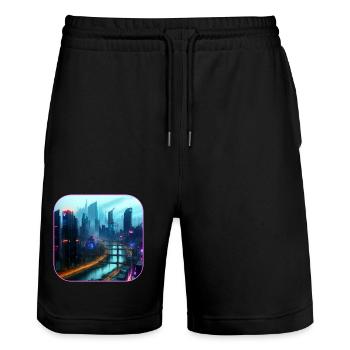 Cyberspace City in the Future - Stanley/Stella Trainer Unisex Organic Jogging Shorts - black - Front - Nik (191cm) & Marisol (170cm)