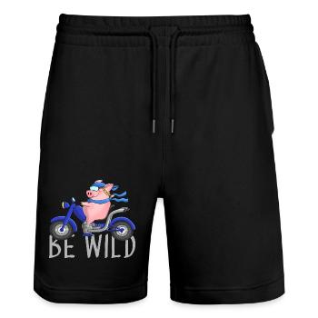 Witziges Schwein auf Chopper Comic - Stanley/Stella Unisex Bio Joggingshorts Trainer  - Schwarz - Vorne - Nik (191cm) & Marisol (170cm)