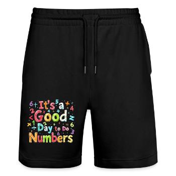 Zahlentag Bunte Zahlenfeier-Grafik - Stanley/Stella Unisex Bio Joggingshorts Trainer  - Schwarz - Vorne - Nik (191cm) & Marisol (170cm)