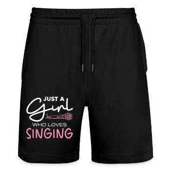 La fille adore chanter – Motif du micro - Short de jogging bio TRAINER Stanley/Stella unisexe - noir - Devant - Nik (191cm) & Marisol (170cm)