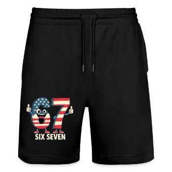 US Flag 67 Memes Six Seven - Stanley/Stella Trainer Unisex Organic Jogging Shorts - black - Front - Nik (191cm) & Marisol (170cm)
