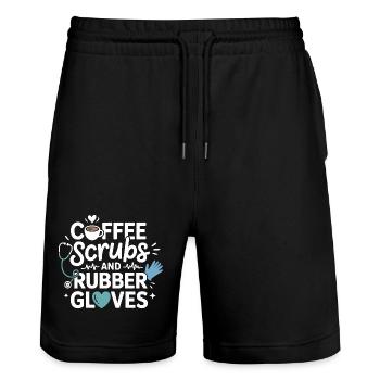 Coffee scrubs and rubber gloves - Stanley/Stella Trainer Unisex Organic Jogging Shorts - black - Front - Nik (191cm) & Marisol (170cm)