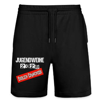 Jugendweihe - Jugendweihe 2026 - Stanley/Stella Trainer Unisex Organic Jogging Shorts - black - Front - Nik (191cm) & Marisol (170cm)