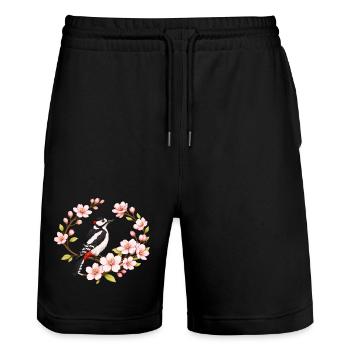 Grand pic tacheté avec motif printanier de cerisiers - Short de jogging bio TRAINER Stanley/Stella unisexe - noir - Devant - Nik (191cm) & Marisol (170cm)