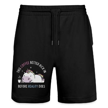 Coffee Before Reality - Stanley/Stella Trainer Unisex Organic Jogging Shorts - black - Front - Nik (191cm) & Marisol (170cm)