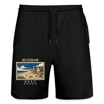 Deutschland Sylt Vintage Reisemarke - Stanley/Stella Unisex Bio Joggingshorts Trainer  - Schwarz - Vorne - Nik (191cm) & Marisol (170cm)