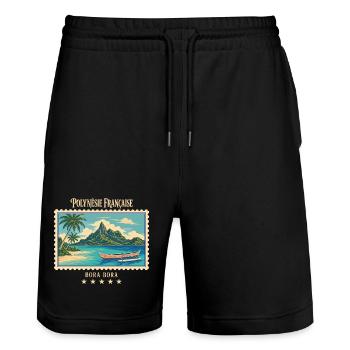 Polynesien Bora Bora Vintage Reisemarke - Stanley/Stella Unisex Bio Joggingshorts Trainer  - Schwarz - Vorne - Nik (191cm) & Marisol (170cm)
