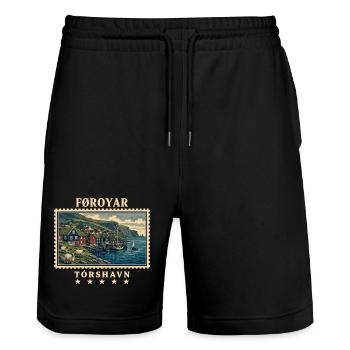 Färöer Tórshavn Vintage Reisemarke - Stanley/Stella Unisex Bio Joggingshorts Trainer  - Schwarz - Vorne - Nik (191cm) & Marisol (170cm)