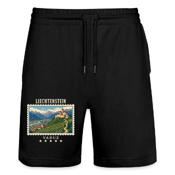 Liechtenstein Vaduz Vintage Reisemarke - Stanley/Stella Unisex Bio Joggingshorts Trainer  - Schwarz - Vorne - Nik (191cm) & Marisol (170cm)