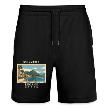 Schweiz Lugano Vintage Reisemarke - Stanley/Stella Unisex Bio Joggingshorts Trainer  - Schwarz - Vorne - Nik (191cm) & Marisol (170cm)