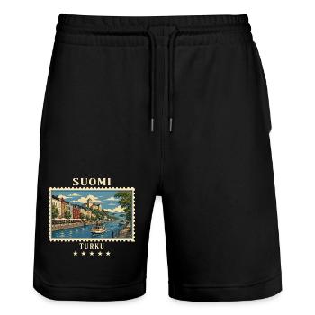 Finnland Turku Vintage Reisemarke - Stanley/Stella Unisex Bio Joggingshorts Trainer  - Schwarz - Vorne - Nik (191cm) & Marisol (170cm)