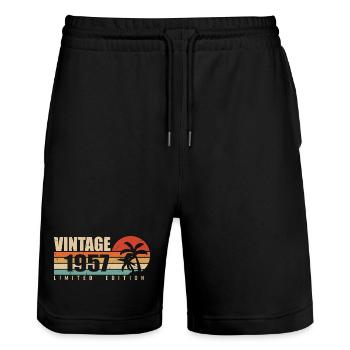 1957 Jubiläumsjahr Originaljahrgang 1957 - Stanley/Stella Unisex Bio Joggingshorts Trainer  - Schwarz - Vorne - Nik (191cm) & Marisol (170cm)