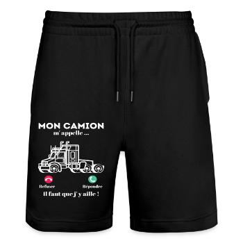 Mon camion m' appelle humour routier routière - Short de jogging bio TRAINER Stanley/Stella unisexe - noir - Devant - Nik (191cm) & Marisol (170cm)