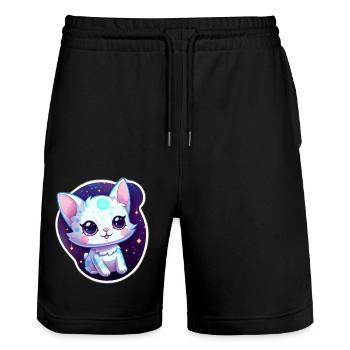 "Kitty Galaxy: Cute Cartoon Floating in Space" - Stanley/Stella Trainer Unisex Organic Jogging Shorts - black - Front - Nik (191cm) & Marisol (170cm)
