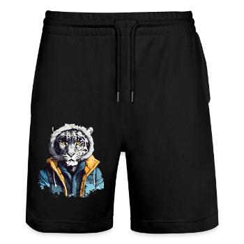 Streetstyle Schneeleopard | Leoparden-Liebhaber - Stanley/Stella Unisex Bio Joggingshorts Trainer  - Schwarz - Vorne - Nik (191cm) & Marisol (170cm)