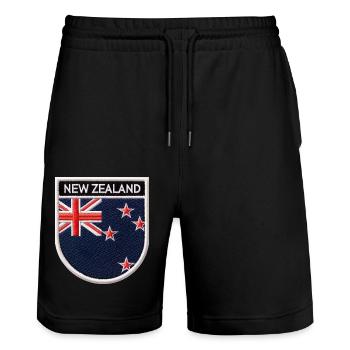 New Zealand Aotearoa Kiwi 14 - Stanley/Stella Trainer Unisex Organic Jogging Shorts - black - Front - Nik (191cm) & Marisol (170cm)
