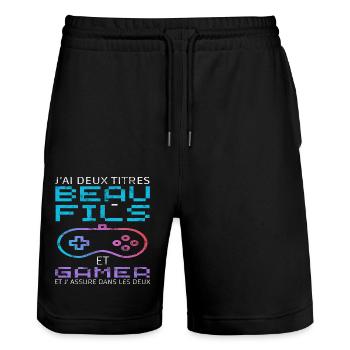 J' ai deux titres beau-fils et gamer cadeau gaming - Short de jogging bio TRAINER Stanley/Stella unisexe - noir - Devant - Nik (191cm) & Marisol (170cm)