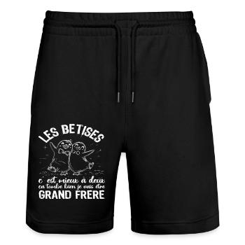 Je vais être grand frère annonce naissance cadeau - Short de jogging bio TRAINER Stanley/Stella unisexe - noir - Devant - Nik (191cm) & Marisol (170cm)
