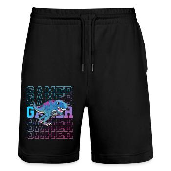 Gamer Gaming Zocken T Rex - Stanley/Stella Unisex Bio Joggingshorts Trainer  - Schwarz - Vorne - Nik (191cm) & Marisol (170cm)