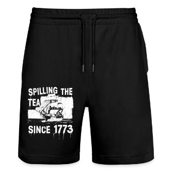 Tee verschütten seit 1773 – Humorvolle Geschichte - Stanley/Stella Unisex Bio Joggingshorts Trainer  - Schwarz - Vorne - Nik (191cm) & Marisol (170cm)