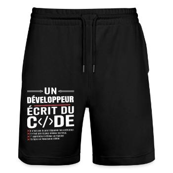 Un développeur écrit du code humour programmation - Short de jogging bio TRAINER Stanley/Stella unisexe - noir - Devant - Nik (191cm) & Marisol (170cm)