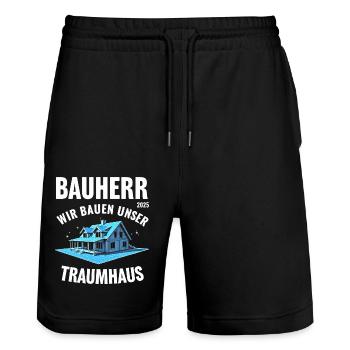 BAUHERR 2025 WIR BAUEN UNSER TRAUMHAUS - Stanley/Stella Unisex Bio Joggingshorts Trainer  - Schwarz - Vorne - Nik (191cm) & Marisol (170cm)