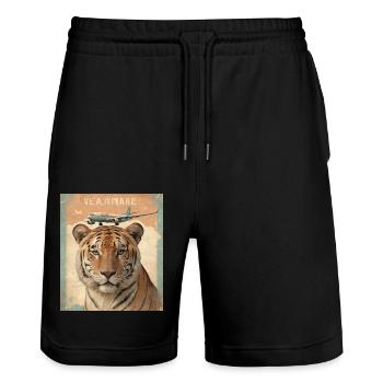 Tiger and plane - Stanley/Stella Trainer Unisex Organic Jogging Shorts - black - Front - Nik (191cm) & Marisol (170cm)
