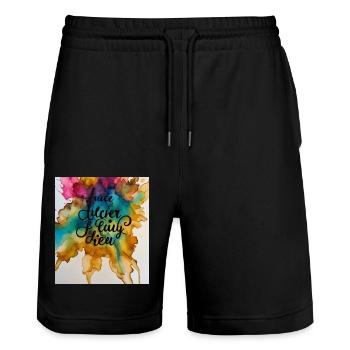 Inscription colorée sur fond d’aquarelleInscription colorée sur le fond - Short de jogging bio TRAINER Stanley/Stella unisexe - noir - Devant - Nik (191cm) & Marisol (170cm)