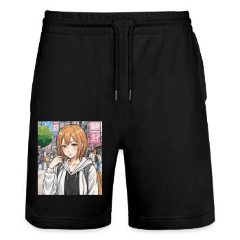 Personnage d’anime dans la rue de la ville - Short de jogging bio TRAINER Stanley/Stella unisexe - noir - Devant - Nik (191cm) & Marisol (170cm)