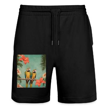 Zwei Papageien auf einem Ast mit Hibiskusblüten - Stanley/Stella Unisex Bio Joggingshorts Trainer  - Schwarz - Vorne - Nik (191cm) & Marisol (170cm)