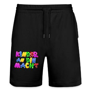 Baby Eltern Kind Geschenk Kinder an die Macht - Stanley/Stella Unisex Bio Joggingshorts Trainer  - Schwarz - Vorne - Nik (191cm) & Marisol (170cm)