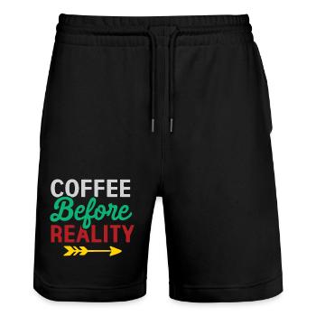 Kaffee vor der Realität - Stanley/Stella Unisex Bio Joggingshorts Trainer  - Schwarz - Vorne - Nik (191cm) & Marisol (170cm)