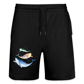 drei leuchtend bunt schimmernde Walfische im Ozean - Stanley/Stella Unisex Bio Joggingshorts Trainer  - Schwarz - Vorne - Nik (191cm) & Marisol (170cm)