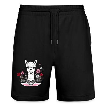 Alpaca with book and flowers reading books - Stanley/Stella Trainer Unisex Organic Jogging Shorts - black - Front - Nik (191cm) & Marisol (170cm)