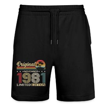 44th Birthday Original November Vintage 1981 - Stanley/Stella Trainer Unisex Organic Jogging Shorts - black - Front - Nik (191cm) & Marisol (170cm)