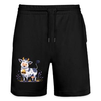 Funny cow with bell - Stanley/Stella Trainer Unisex Organic Jogging Shorts - black - Front - Nik (191cm) & Marisol (170cm)