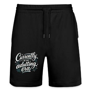 Currently in my Adulting Era – Ironischer Spruch - Stanley/Stella Unisex Bio Joggingshorts Trainer  - Schwarz - Vorne - Nik (191cm) & Marisol (170cm)