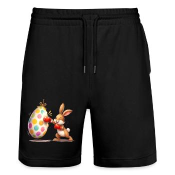 Boxender Osterhase mit Osterei-Boxsack  - Stanley/Stella Unisex Bio Joggingshorts Trainer  - Schwarz - Vorne - Nik (191cm) & Marisol (170cm)