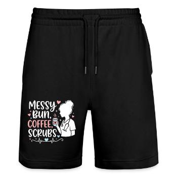 Messy Bun Coffee Scrubs Nurse - Stanley/Stella Trainer Unisex Organic Jogging Shorts - black - Front - Nik (191cm) & Marisol (170cm)